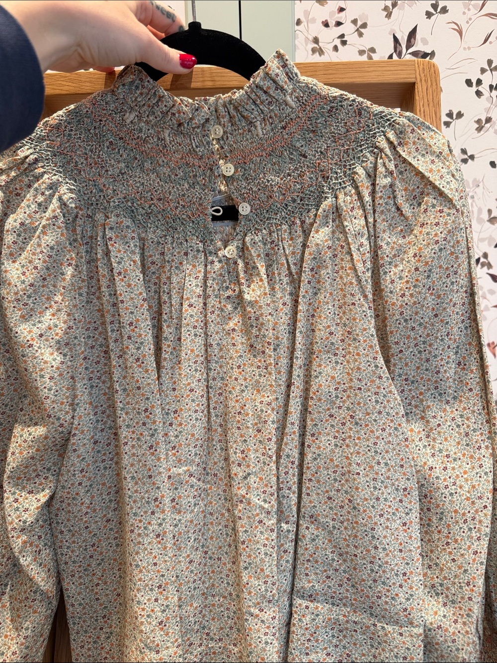 Doen Floral Smocked High-Neck Blouse in Cream with Pink & Blue Speckle - Picture 5 of 5
